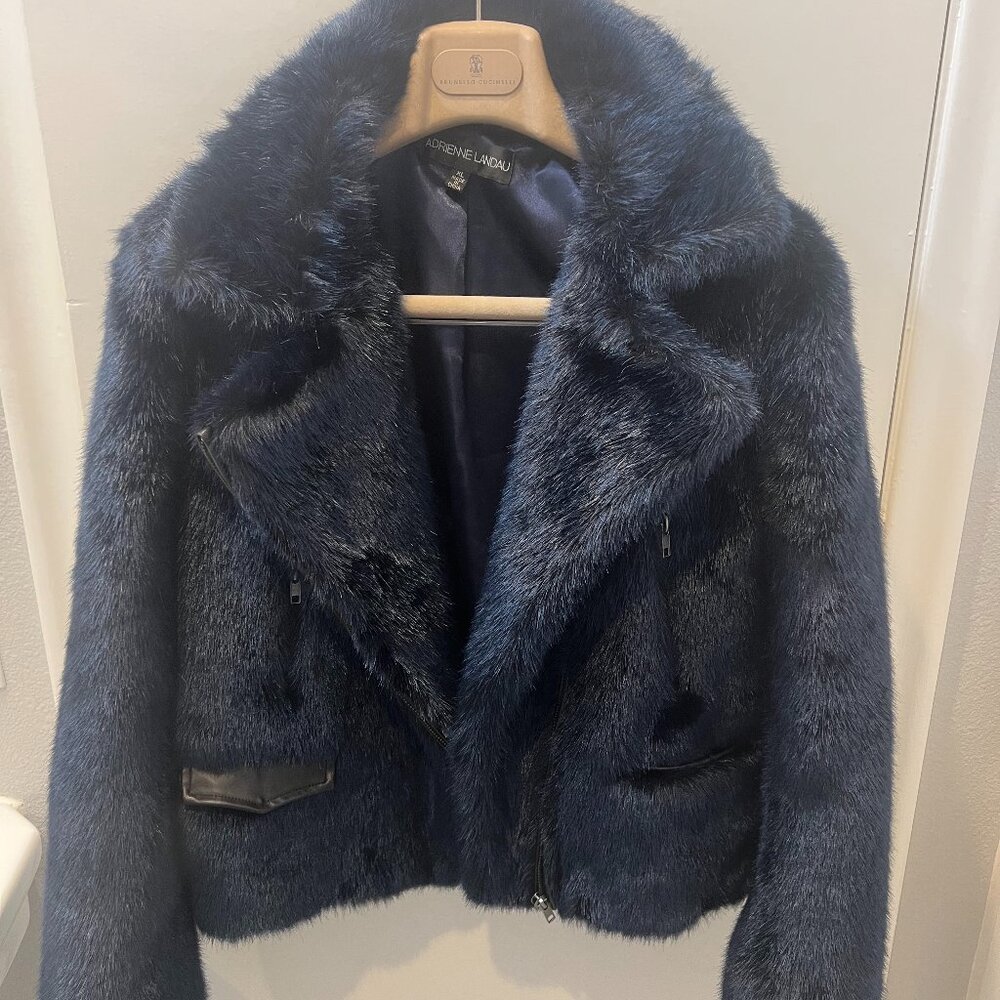 Adrienne Landau Cropped Dark Blue Faux Fur Jacket XL